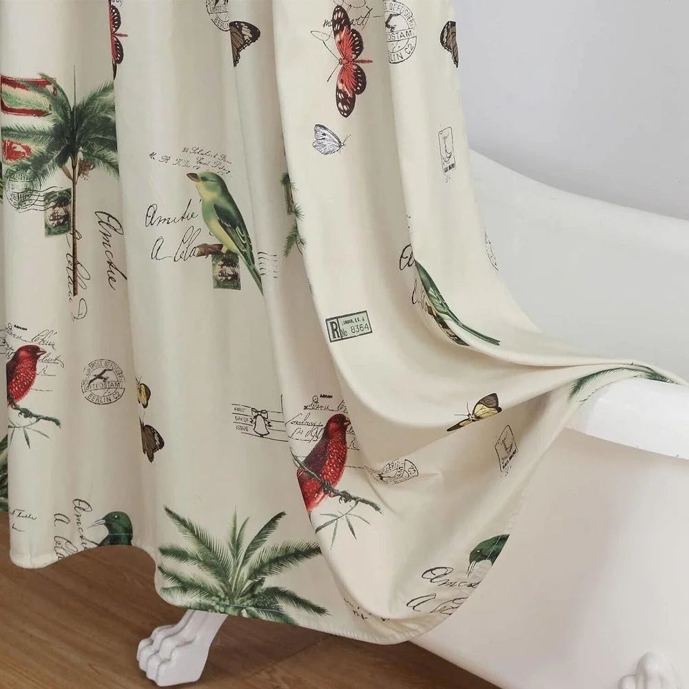 Terrasse Shower Curtain Waterproof Fabric Cardinal Butterfly Palm Trees Postage
